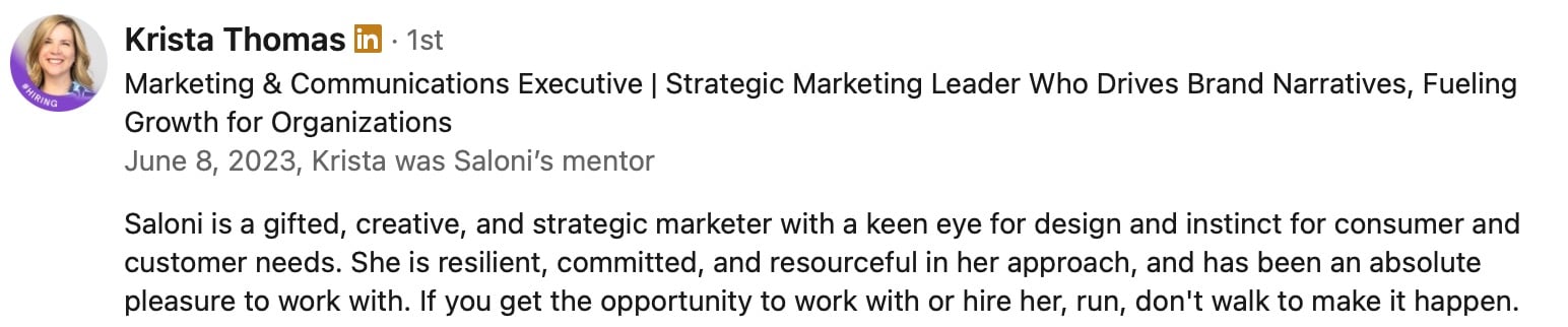 Krista LinkedIn Testimonial
